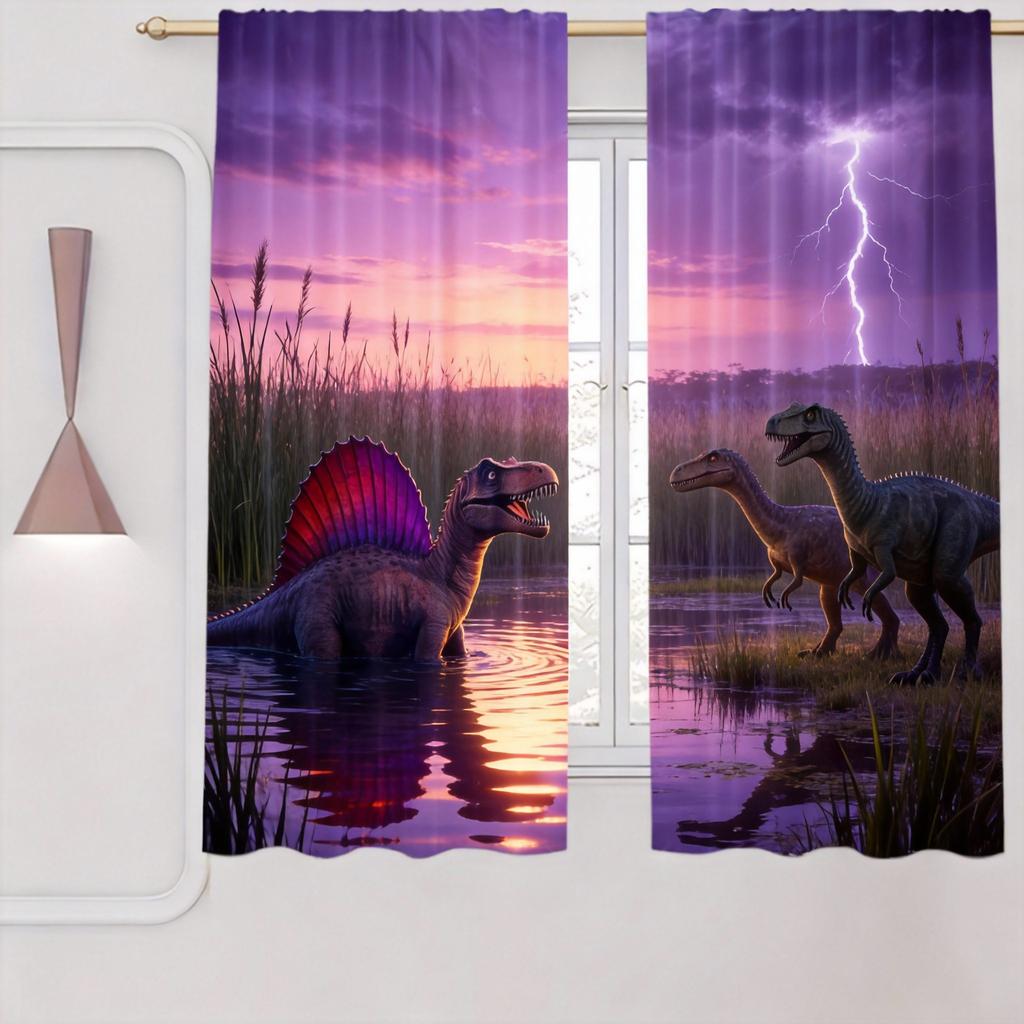 Dinosaur Curtains 2pcs – T-Rex & Jurassic Jungle Scene, Realistic Prehistoric Animal Print for Kids’ Bedroom and Playroom Decor