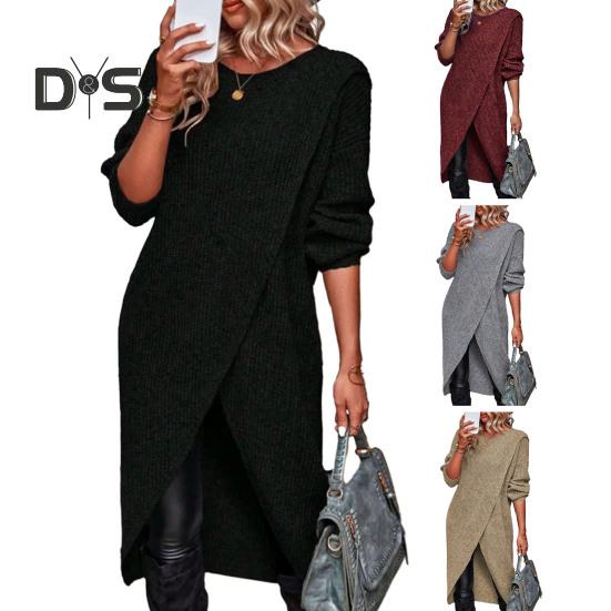 Women Fall Winter Dress Irregular Split Hem Knitted Loose Soft Thick Warm Long Sleeve Solid Color Mid Length Sweater Dress
