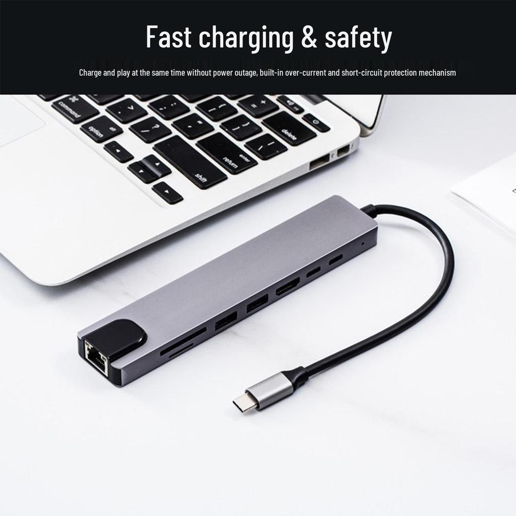 Концентратор USB-C 8-в-1: HDMI, Сетевой адаптер, USB 3.0, Многофункциональный кард-ридер, Док-станция