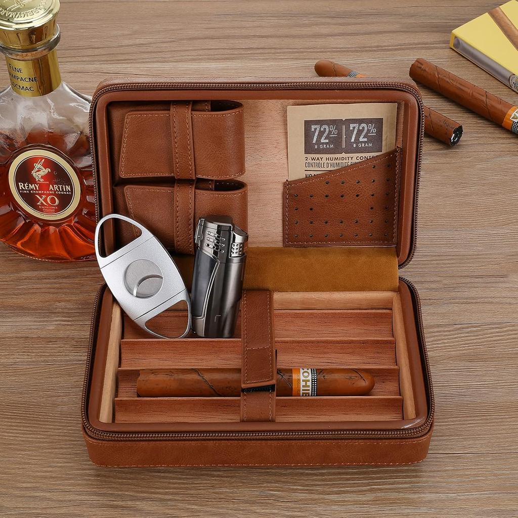 Cigar Travel Humidor, Cedar Wood Leather Cigar Case with Cigar Accessories Gift Set, Brown
