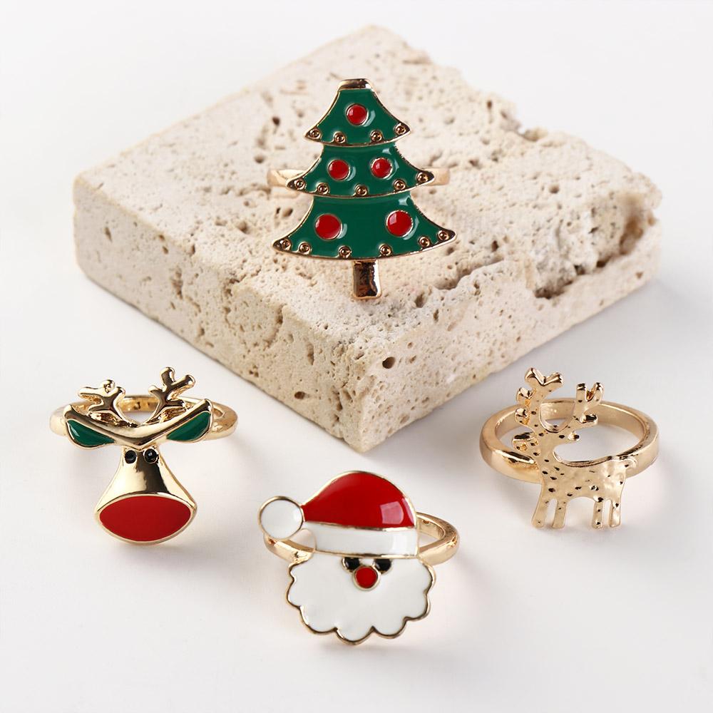 Christmas Tree Enamel Santa Claus Ring Dripping Oil Xmas Jewelry Ornaments Friend