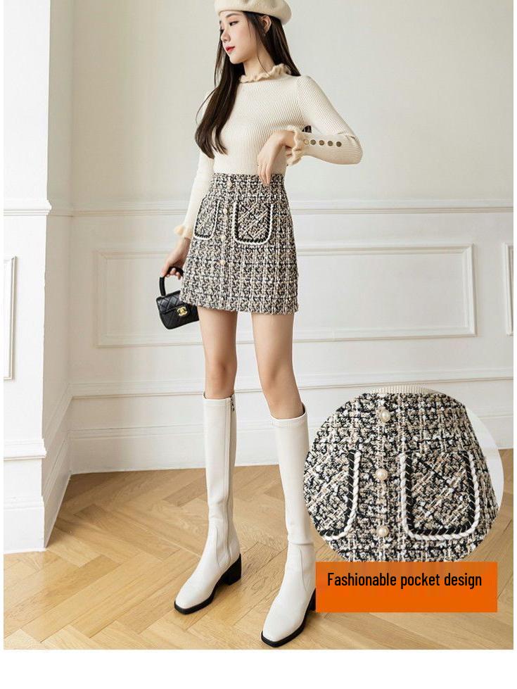 2025 Юбка А-силуэта из твида в клетку с высокой талией в корейском стиле для женщин - Осенне-зимняя короткая приталенная юбка