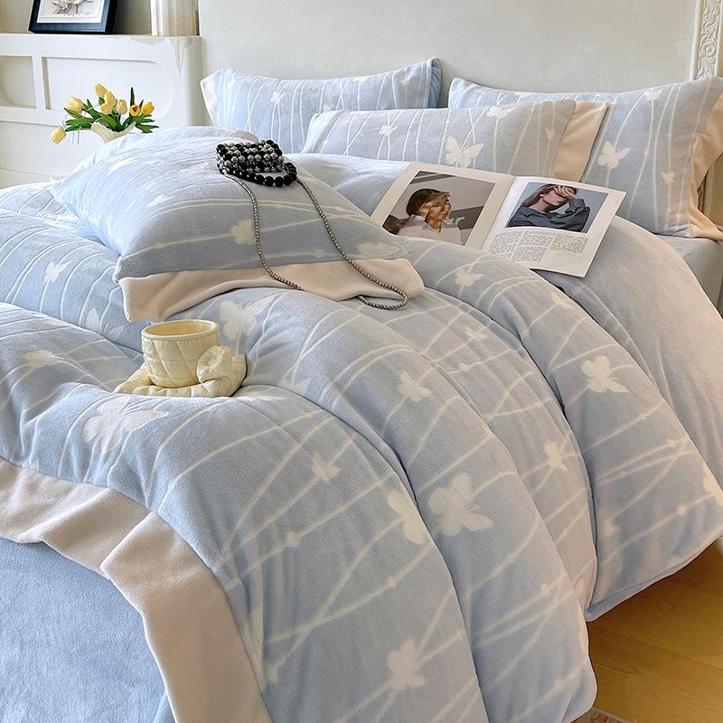 Утолщенный молочный флис Четыре предмета Корейский резной коралловый флис Двустороннее фланелевое пододеяльник Простыня Постельное белье