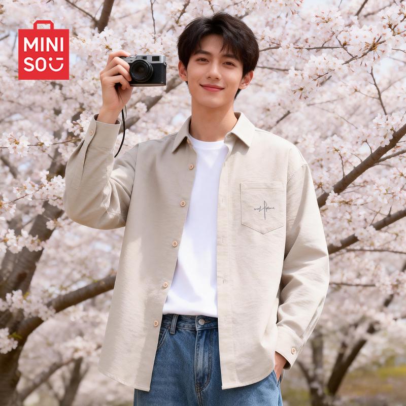 MINISO Мужская рубашка с кубинским воротником и длинным рукавом из ледяного шелка