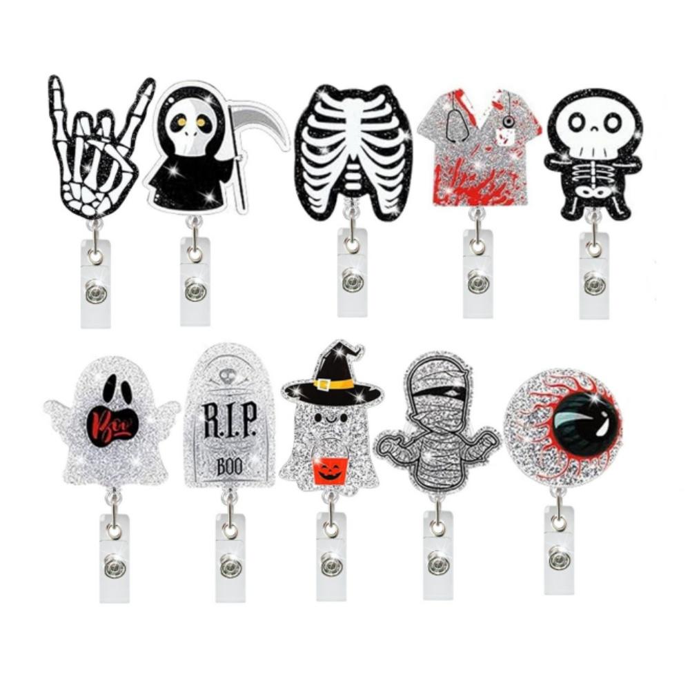 Acrylic Halloween Spooky Ghost Eyeball Skeleton Retractable Badge Reel Rotating ID Badge Holder Crocodile Clip for Doctor Nurse