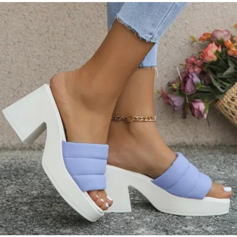 Летние женские туфли на платформе с квадратным носком и толстым каблуком, новые женские тапочки с открытым носком и высоким каблуком, уличные туфли без застежек на каблуке