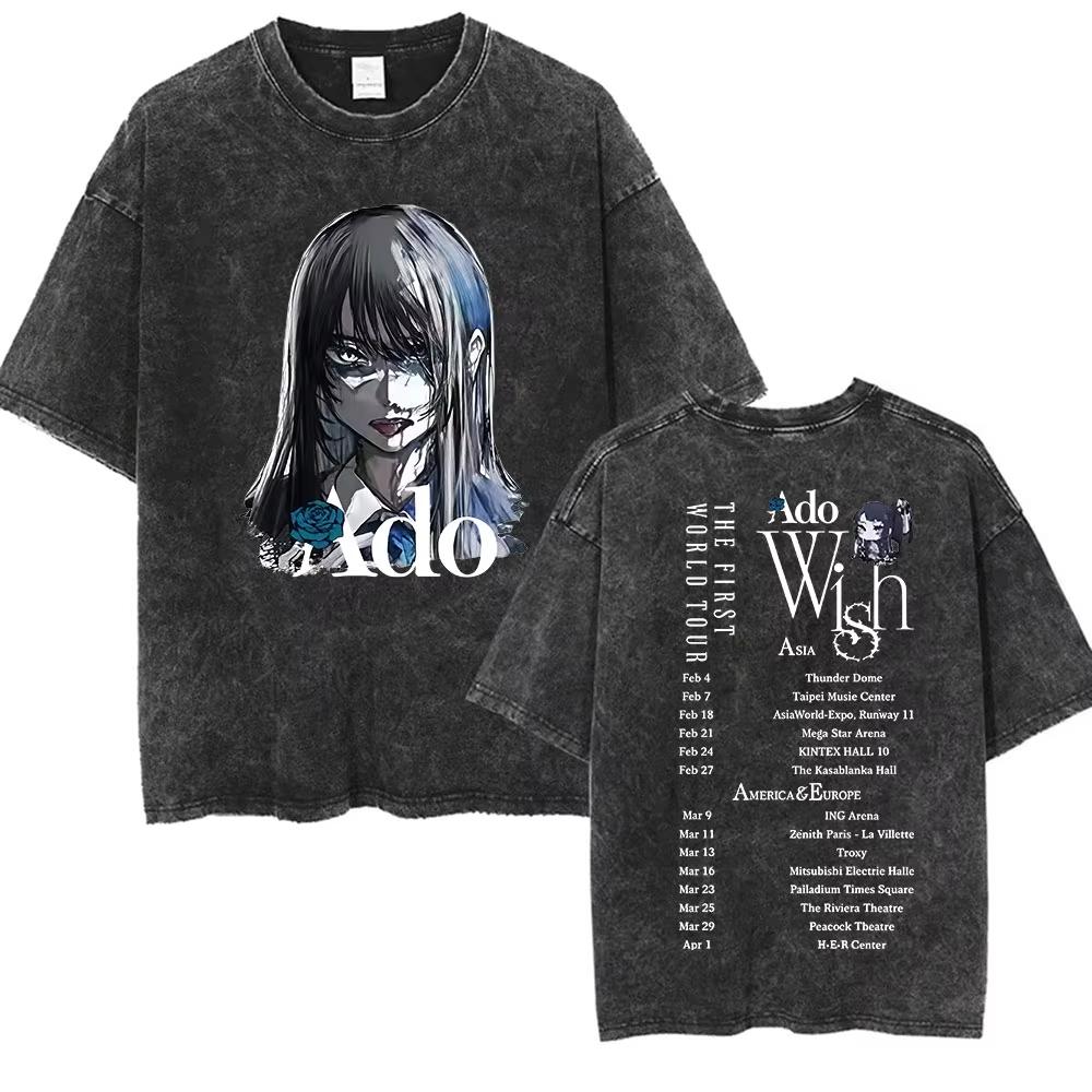 ADO Hibana World Tour Vintage Washed T Shirts Japanese Singer Fashion Oversized Tshirts Casual Aesthetic Short Sleeve Tees