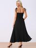 Allegra K Smock Dress, Sleeveless, Square Neck, Bohemian, Spaghetti Strap, Maxi Dress, Women's, Black, Size L