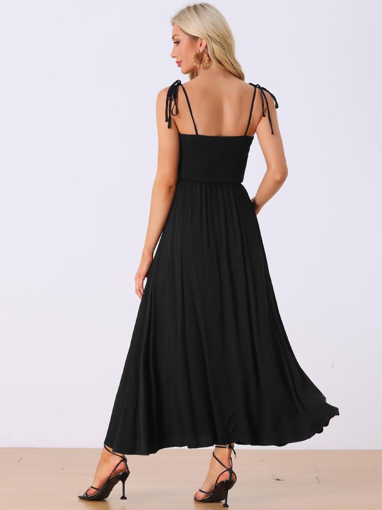 Allegra K Smock Dress, Sleeveless, Square Neck, Bohemian, Spaghetti Strap, Maxi Dress, Women's, Black, Size L