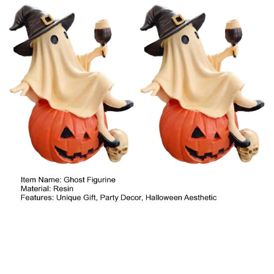 Resin Spooky Home Decor Cute Ghost Figurine, Sitting on Pumpkin Statue with Witch Halloween Table Hat, Tabletop Ornament for Party Funny Shelf Doll
