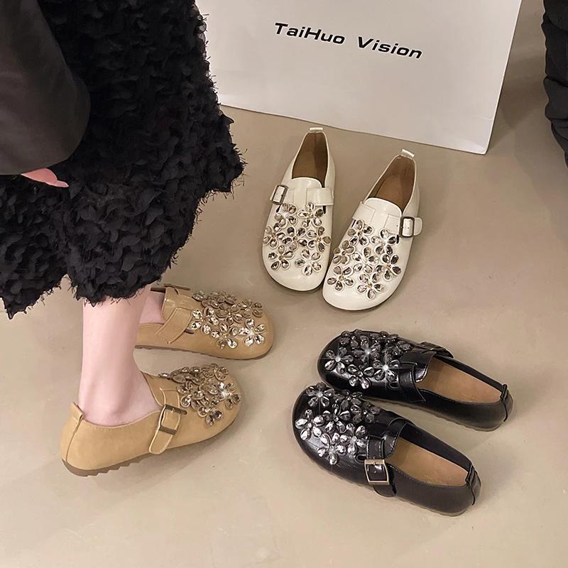 Новые весенние женские туфли-одиночки с цветочным принтом и блестящими бриллиантами, повседневные, удобные, модные маленькие кожаные туфли на плоском каблуке