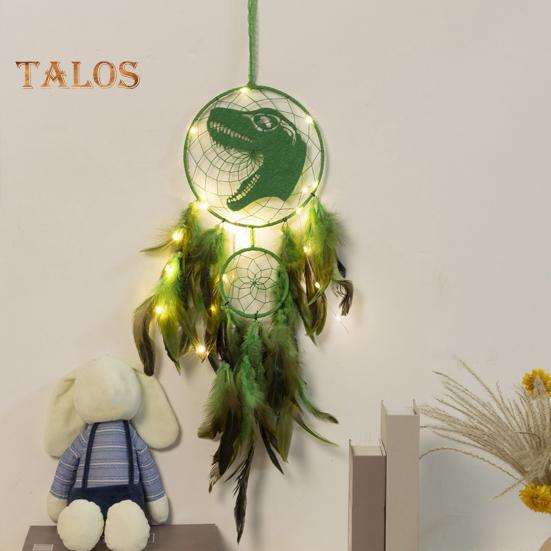 Dinosaur Dream Catcher Ornament Kids Faux LED Light Feather Dream Catcher Handmade Home Decor Birthday