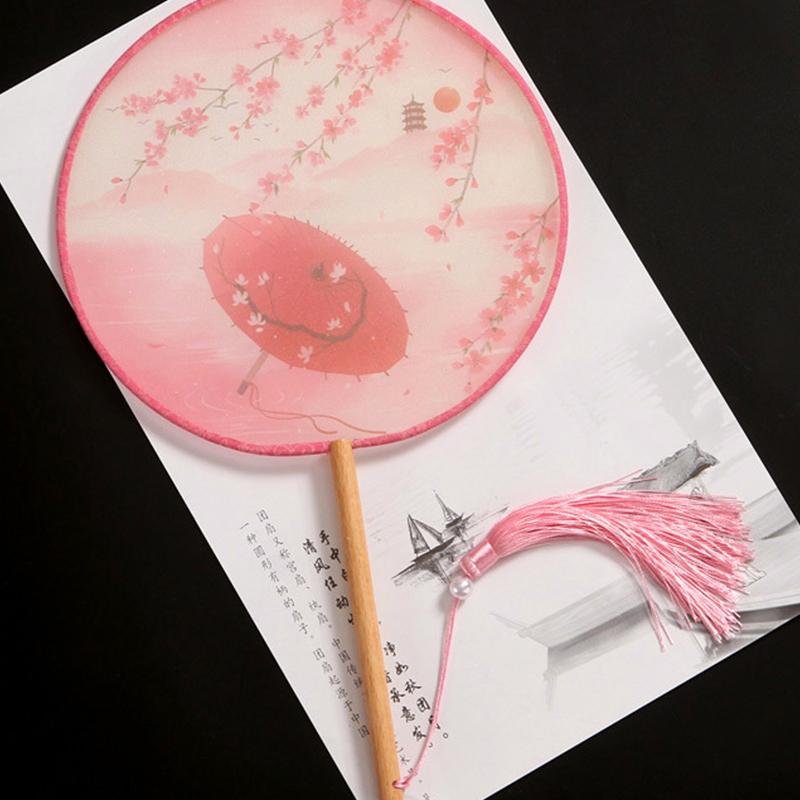 1 шт., старинный китайский стиль, длинная ручка, круглый веер, классические печатные круглые веера, кисточка, винтаж