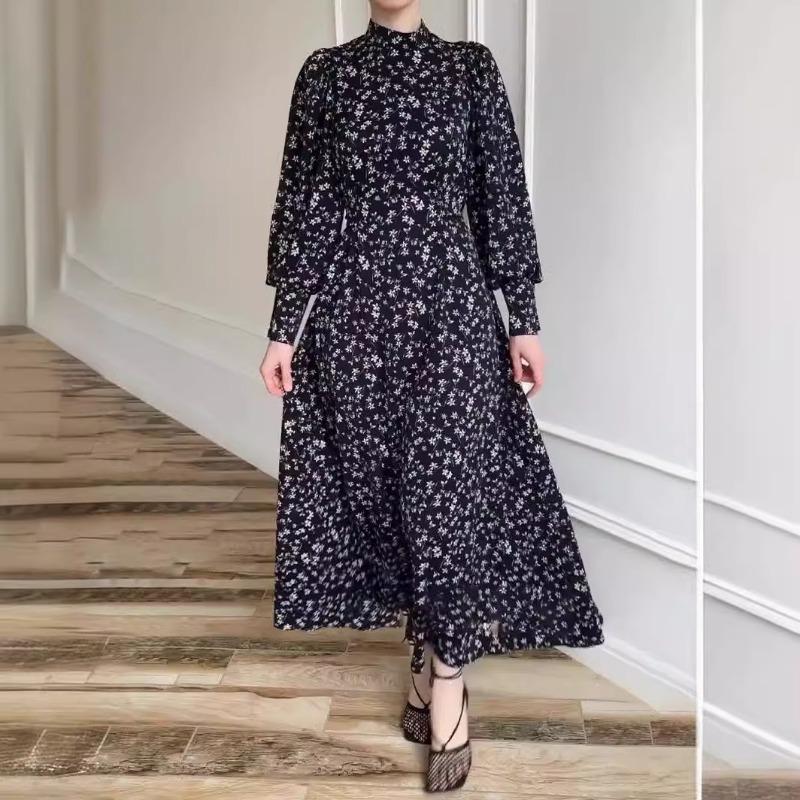 Gentle Loose Tie Floral Satin Long Sleeve Long Dresses