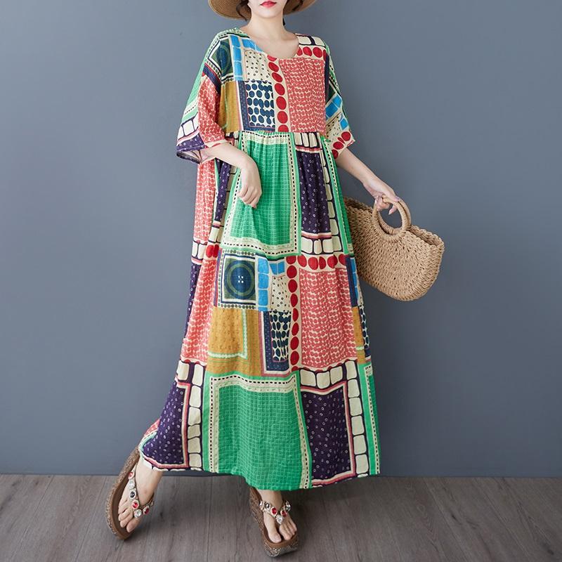 Новое винтажное платье с цветочным принтом больших размеров с коротким рукавом для женщин, повседневное свободное длинное летнее платье