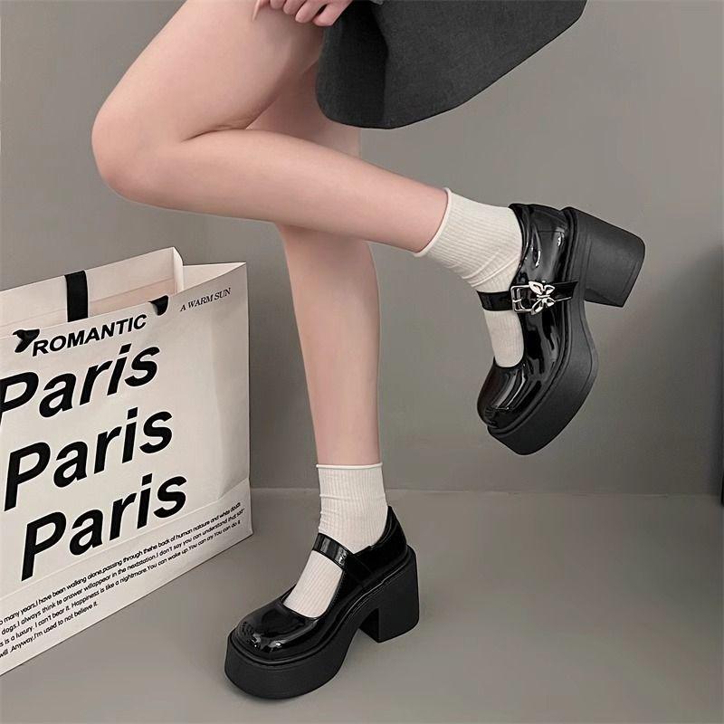 Черные туфли на толстом каблуке и платформе из кожи, женские весенние туфли Мэри Джейн с французским эффектом, короткие туфли на высоком каблуке