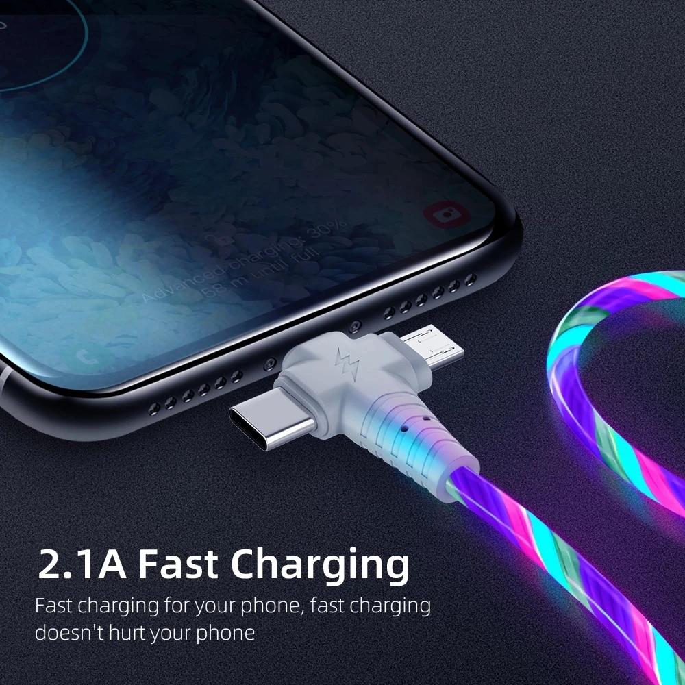Светящийся USB-кабель 3-в-1, светодиодный кабель для зарядки смартфона, кабель USB-mini USB/C-type/8-pin для быстрой зарядки iPhone, Samsung, XIAOMI ONEPLUS