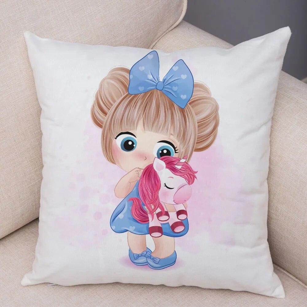 Children's Room Sofa Home Pillowcase Cute Cartoon Girl and Cat  Decoration  Animal Cushion Cover