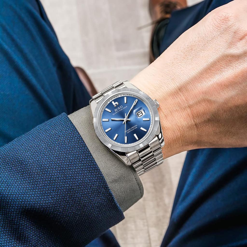 Часы водонепроницаемые брендовые кварцевые аналоговые часы простые популярные деловые модные серебристо-синие светящиеся часы подарок на день рождения [BUREI] мужские