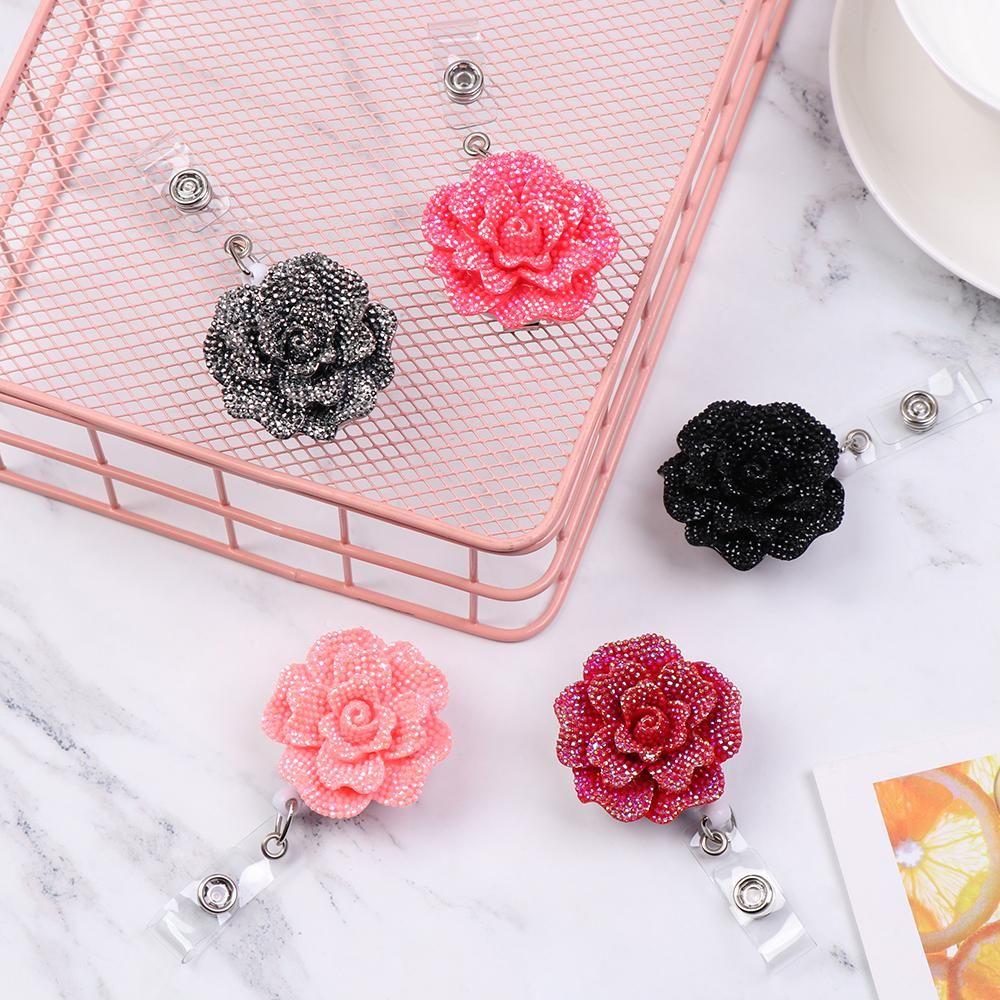Unisex Stationery Retractable Lanyards ID Name Card Key Ring Badges Holder Rose Shape Badge Reel
