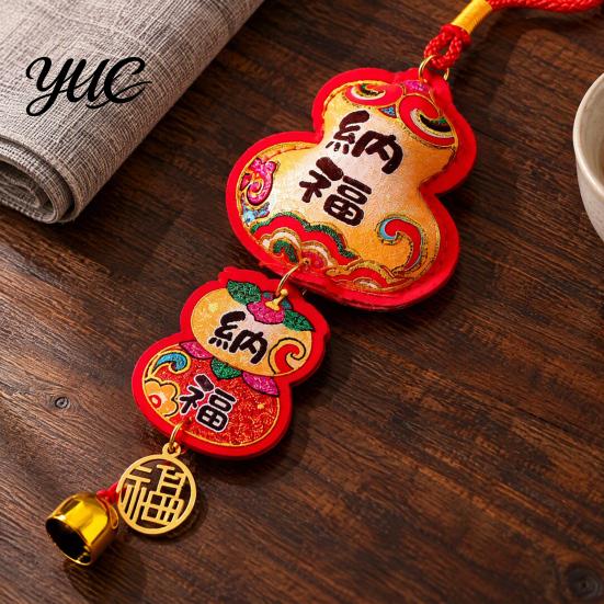 Festive Chandelier for Fireplace Chinese New Year Decoration, Red Fu Character Hanging Pendant with Embroidered Bells Spring Festival Bell Festival,