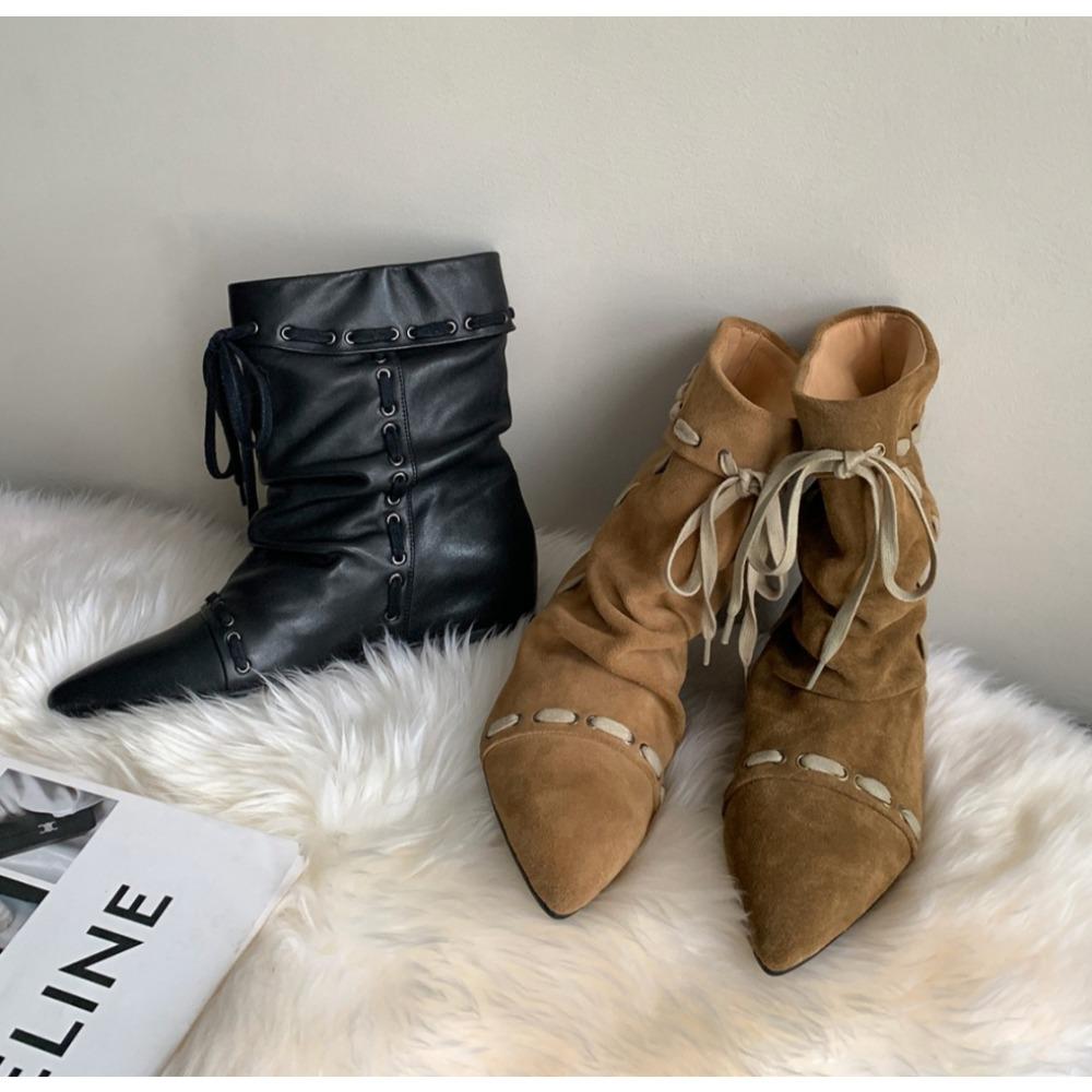 Модные ботильоны на шнурке, плиссированные, с острым носом, из замши, без застежки, увеличивающие рост, женские, в стиле вестерн, ковбойские