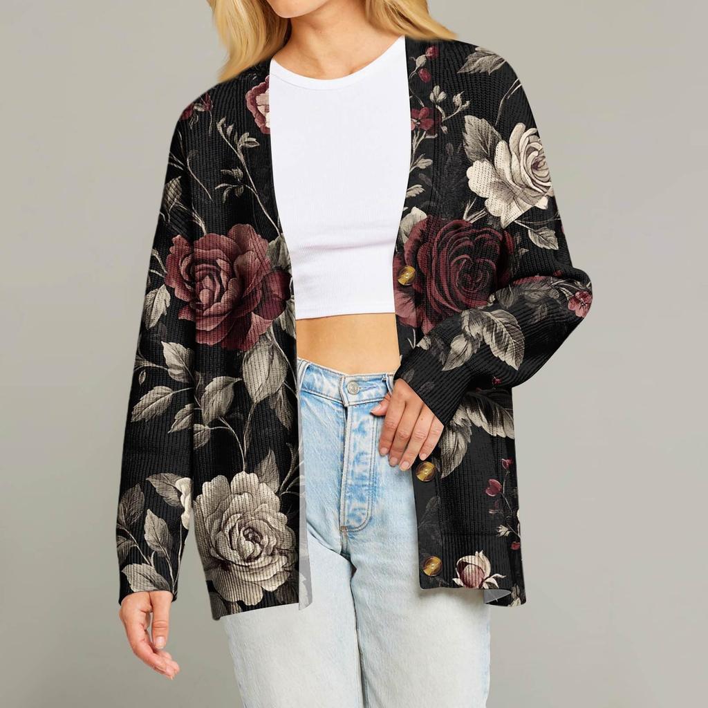 Женский модный кардиган с длинным рукавом, принтом, V-образным вырезом, на пуговицах, свободного кроя