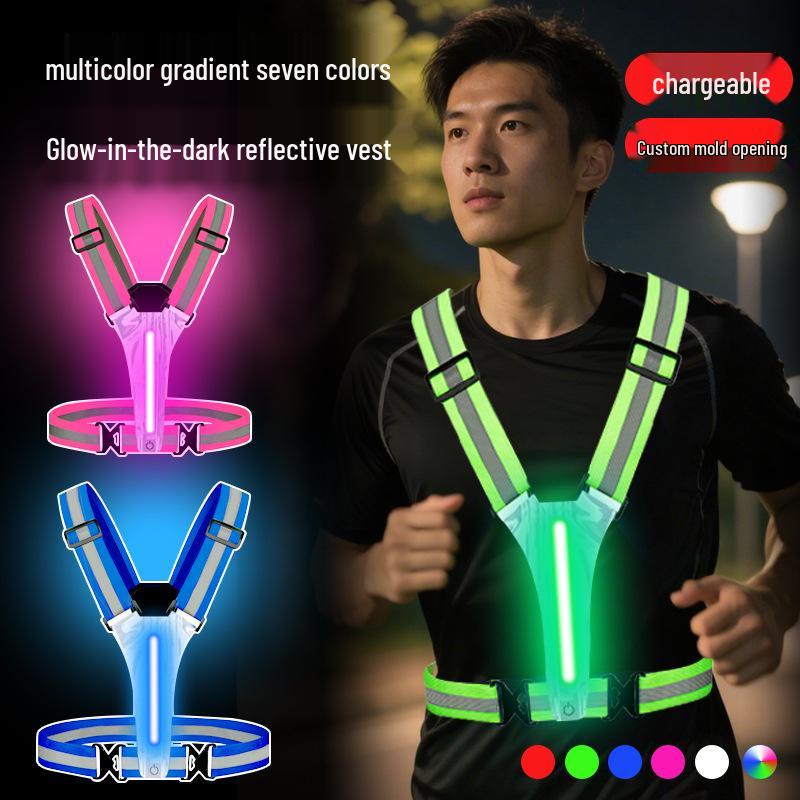 Glow-in-the-Dark Reflective Vest for Night Running and Cycling with Adjustable Elastic Straps and Dual Charging Feature