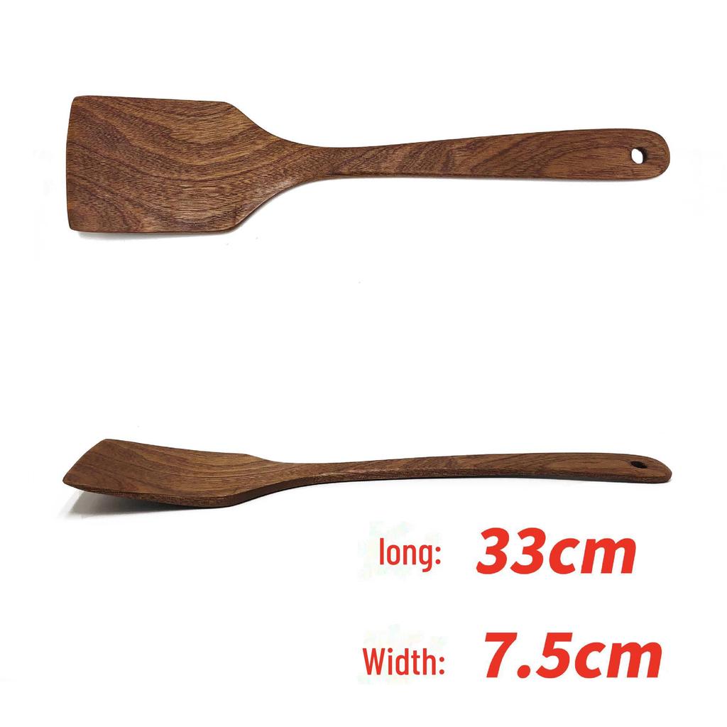 Ebony Wooden Spoon Set - Personalized Long Handle Soup Spoon & Non-Stick Pan Spatula