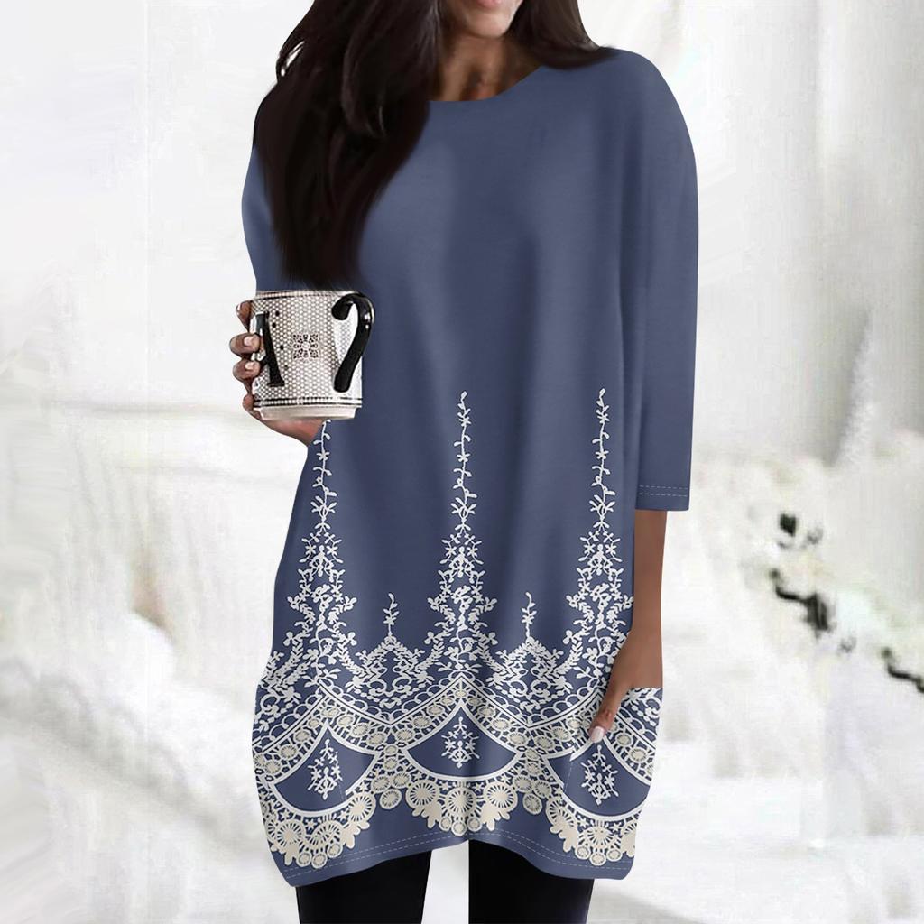 Женские повседневные рубашки с рукавами 3/4, модные туники с принтом, топы с карманами