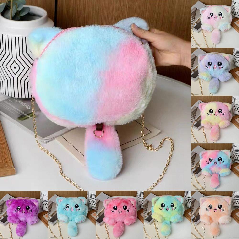 Rainbow Cat Shoulder Bag Faux Fur Stuffed Doll Bag Portable Plush Crossbody Bag  Streetwear