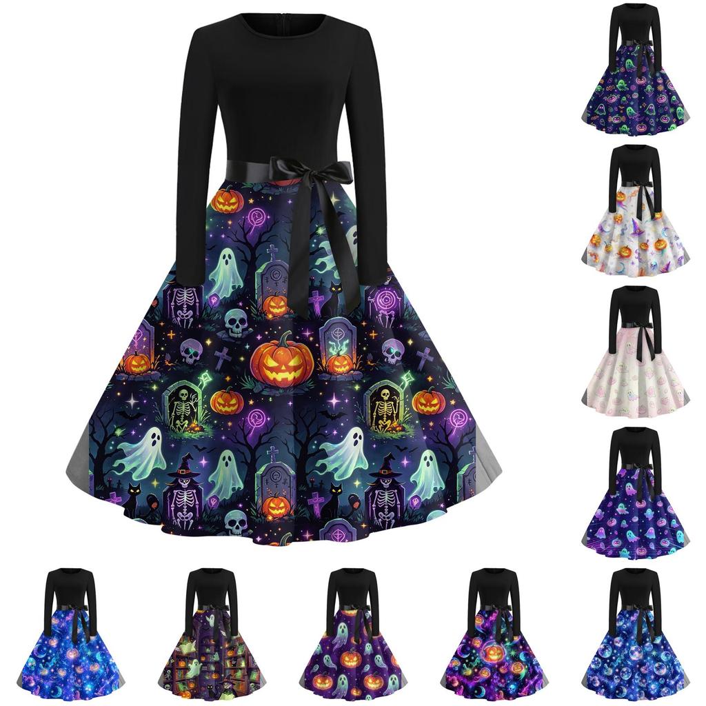 Women's Long Sleeve Halloween Dress Round Neck Casual Midi Dress with Printed Skirt and Waist Tie for Seasonal Occasion