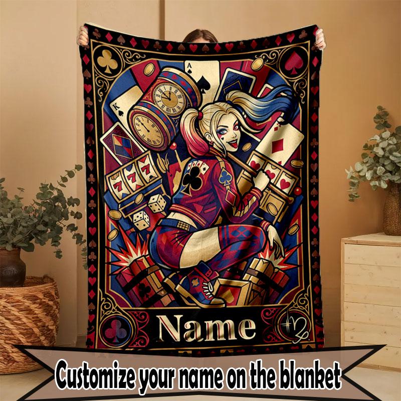 Custom Name Personalized Harley Quinn Print Blanket, Home Decor, Bedroom, Sofa, Camping, Couch, Gifts for Birthday Christmas