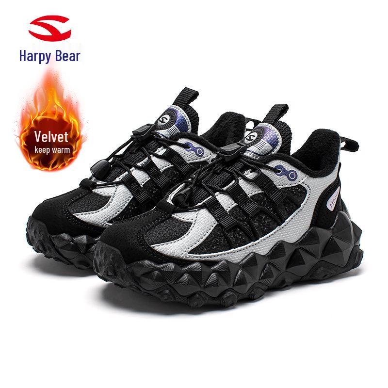 Happy Bear Plush-Lined Boys' Winter Cotton Sports Shoes - Lightweight, Cold-Resistant, Two-Layer Outdoor Running Shoes