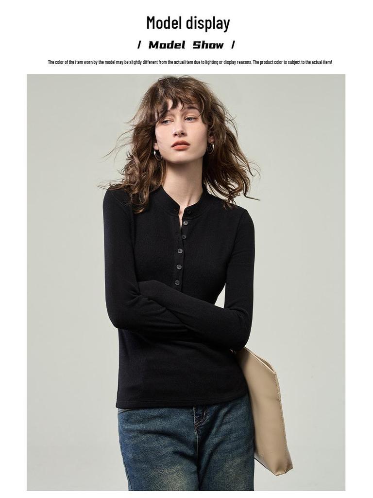 Женский топ хенли с длинным рукавом на осень 2025 года - Приталенный трикотаж с деталями на пуговицах