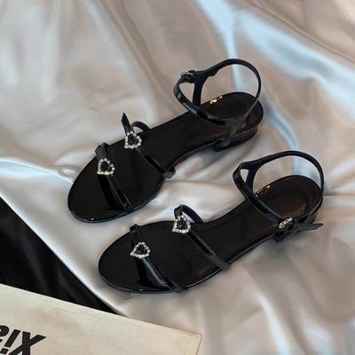Версия из овчины~ Сандалии на плоской подошве с французской стразовой пряжкой-сердечком для женского лета, универсальные, с круглым носком, толстым каблуком и крутыми шлепанцами