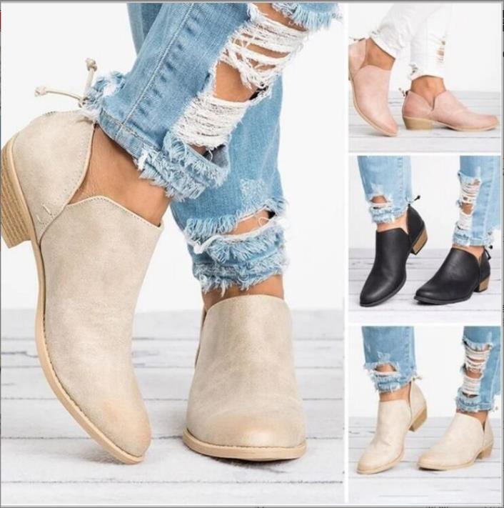 Women Dadily All-match Casual Low Heel Thick Heel Pointed Leather Ankle Boots Plus Size