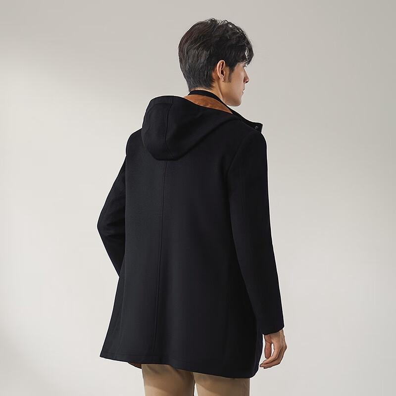 Qipai Men's Herringbone Wool Blend Detachable Hood Coat