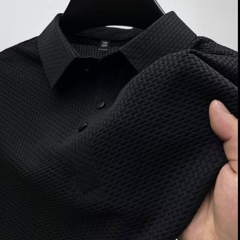 Мужская летняя рубашка-поло из сетчатого шелка Ice Silk с короткими рукавами и цветным воротником.