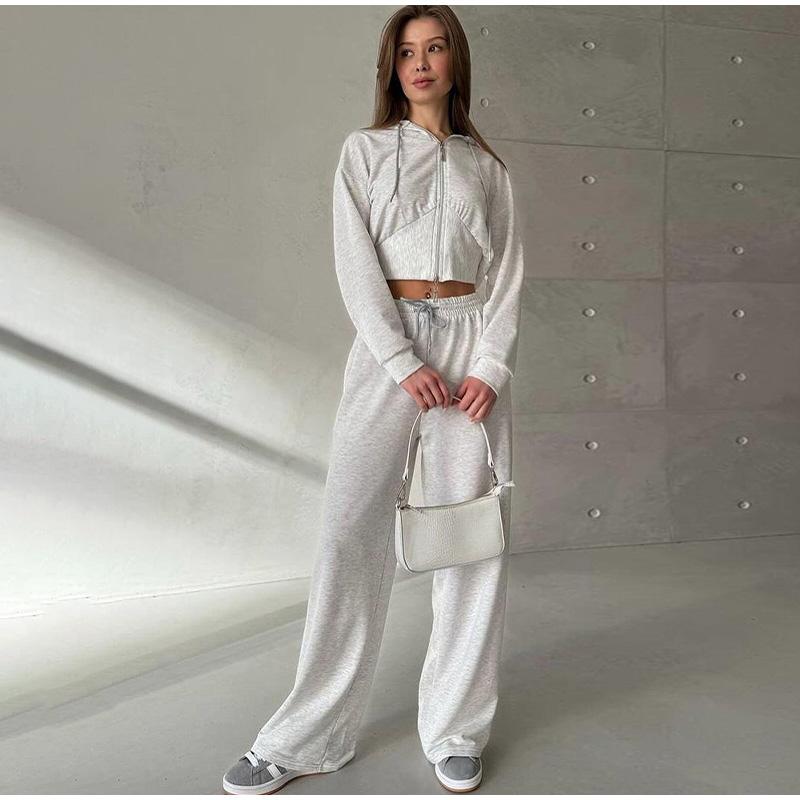 Casual Solid Color Hoodies Pants Set Women Long Sleeve Zipper Short Sweatshirt Slim Drawstring Trouser 2025 Spring Autumn New Lady Tracksuit