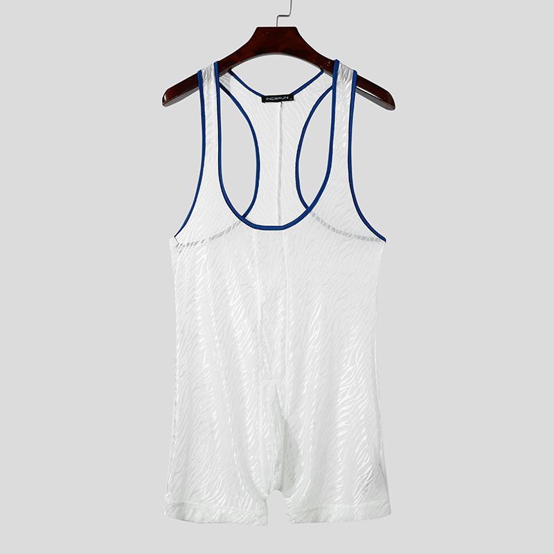 INCERUN Men Sleeveless Patchwork Lace See Through Mesh Playsuit Jumpsuits