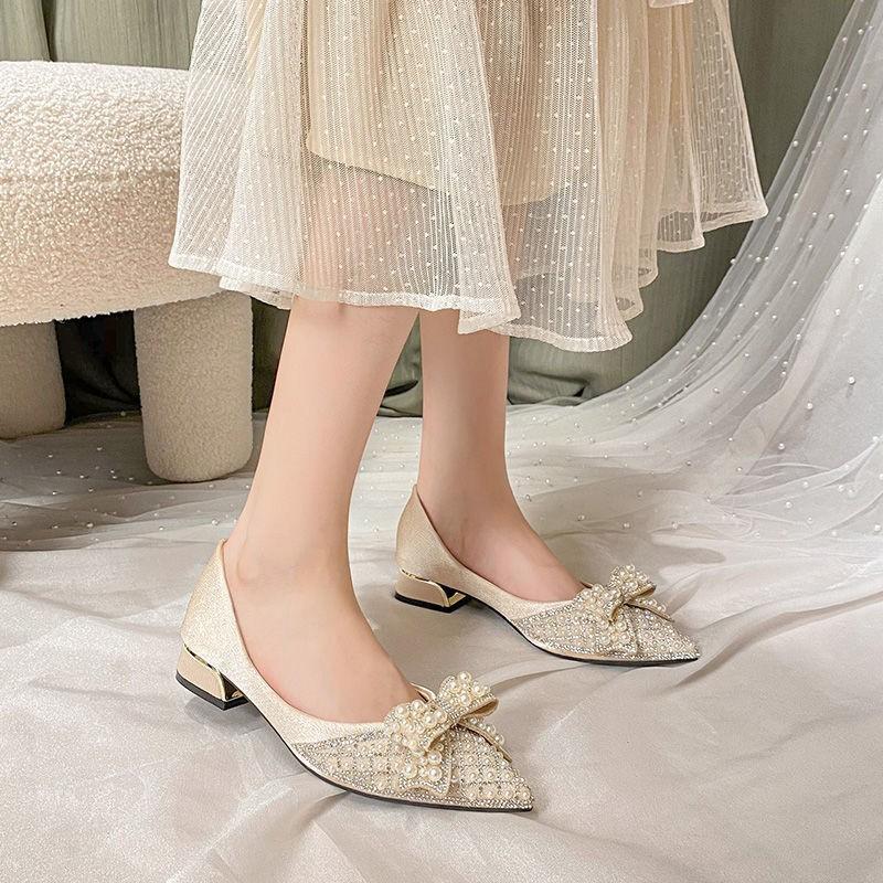 Women Luxury Pumps Spring Party Pearl Bowknot Pointed Toe Casual High Heels Shoes Girl Rhinestone Dress Shoes