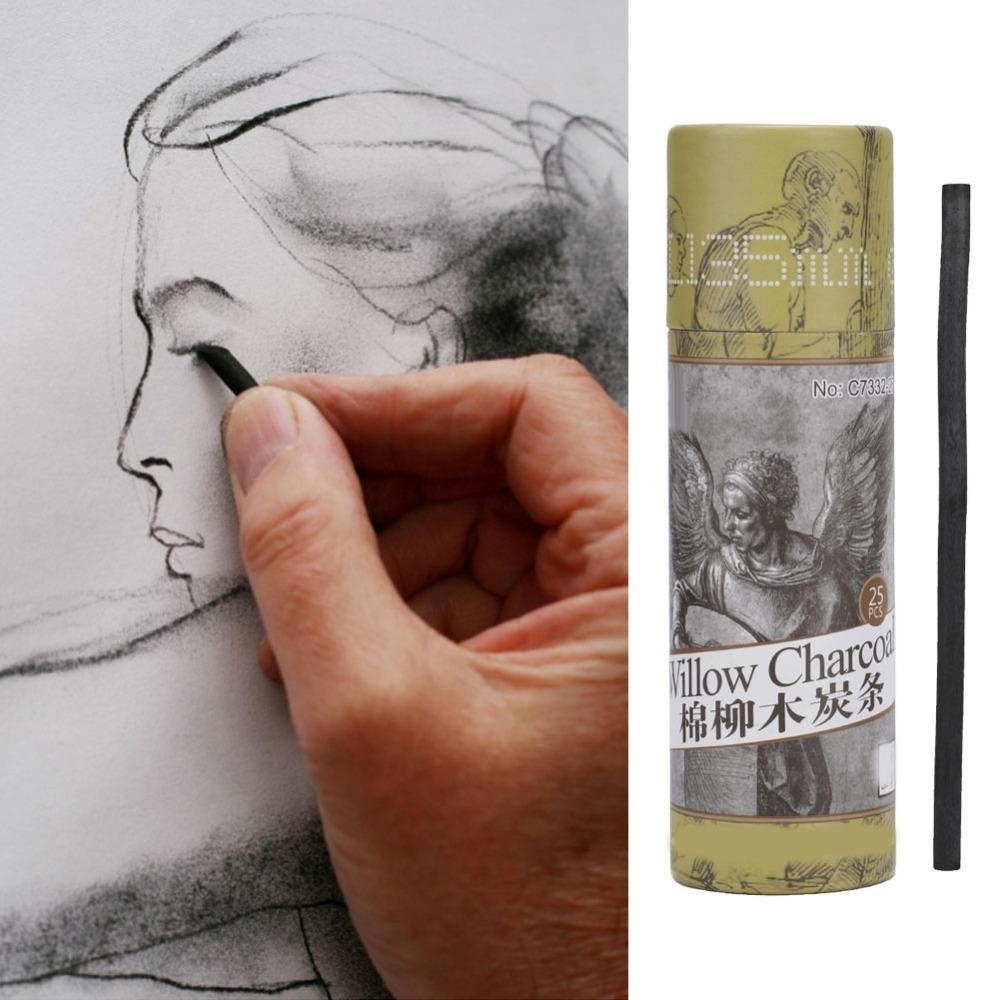 25PCS Four Types Charcoal Sticks Black Artist Charcoal Strips Quick Sketch Outlining