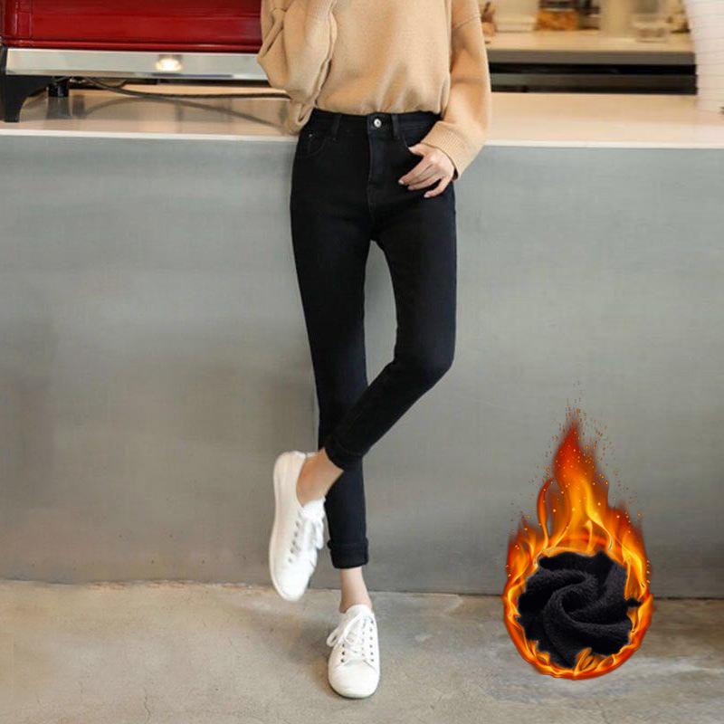 Женские флисовые джинсы с высокой талией: Узкие, плотные и универсальные брюки-карандаш для активного отдыха на зиму 2021 года