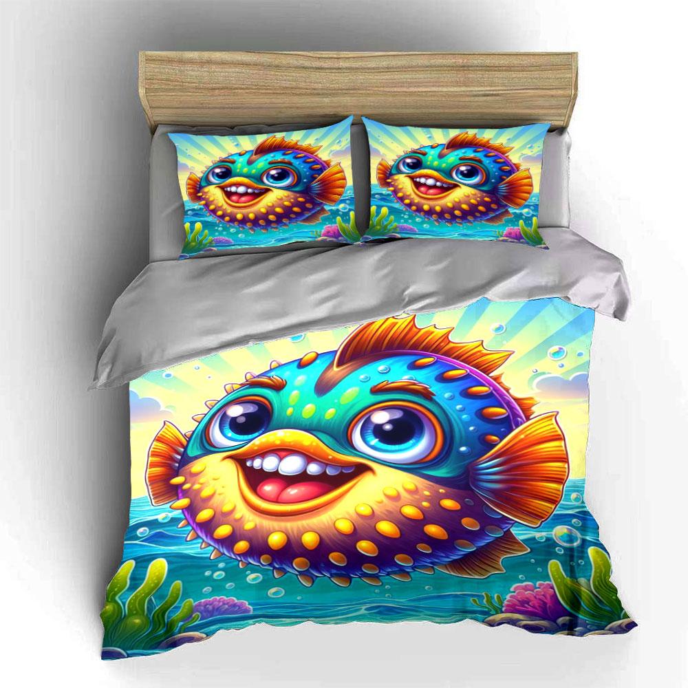 Smiling pufferfish with coral. Bedding sets Duvet cover sets Duvet covers Pillowcases(1*Duvet Cover 2*Pillowcases without duvet insert)