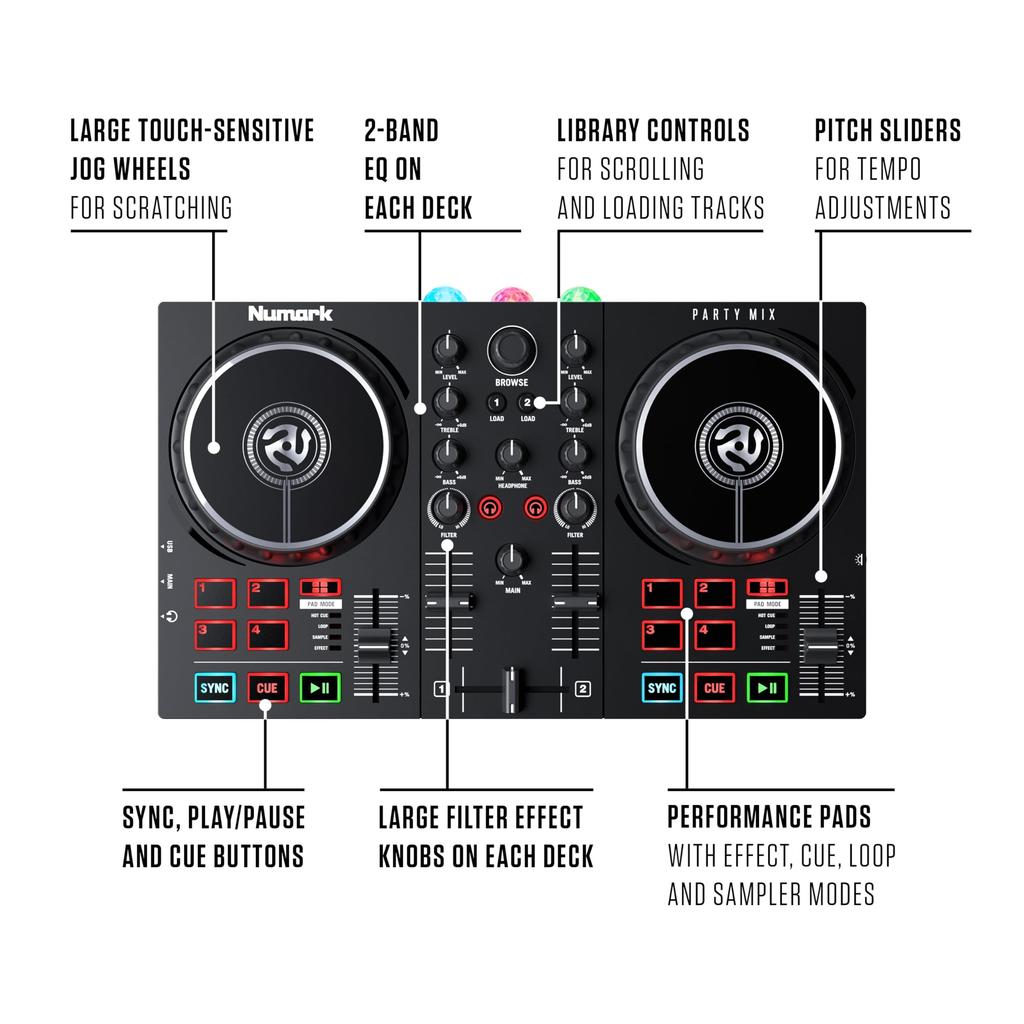 Numark DJ Controller for Beginners DJ Equipment Serato DJ Lite Included Streaming LED Light Audio Interface Portable DJ Mixer Numark Party Mix II