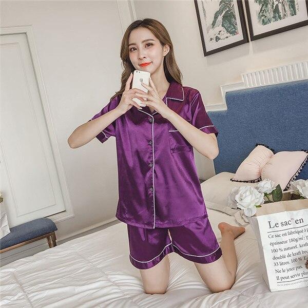 Женский шелковый атласный пижамный комплект, повседневная одежда для сна с короткими рукавами и пуговицами, топ, шорты, костюм для дома