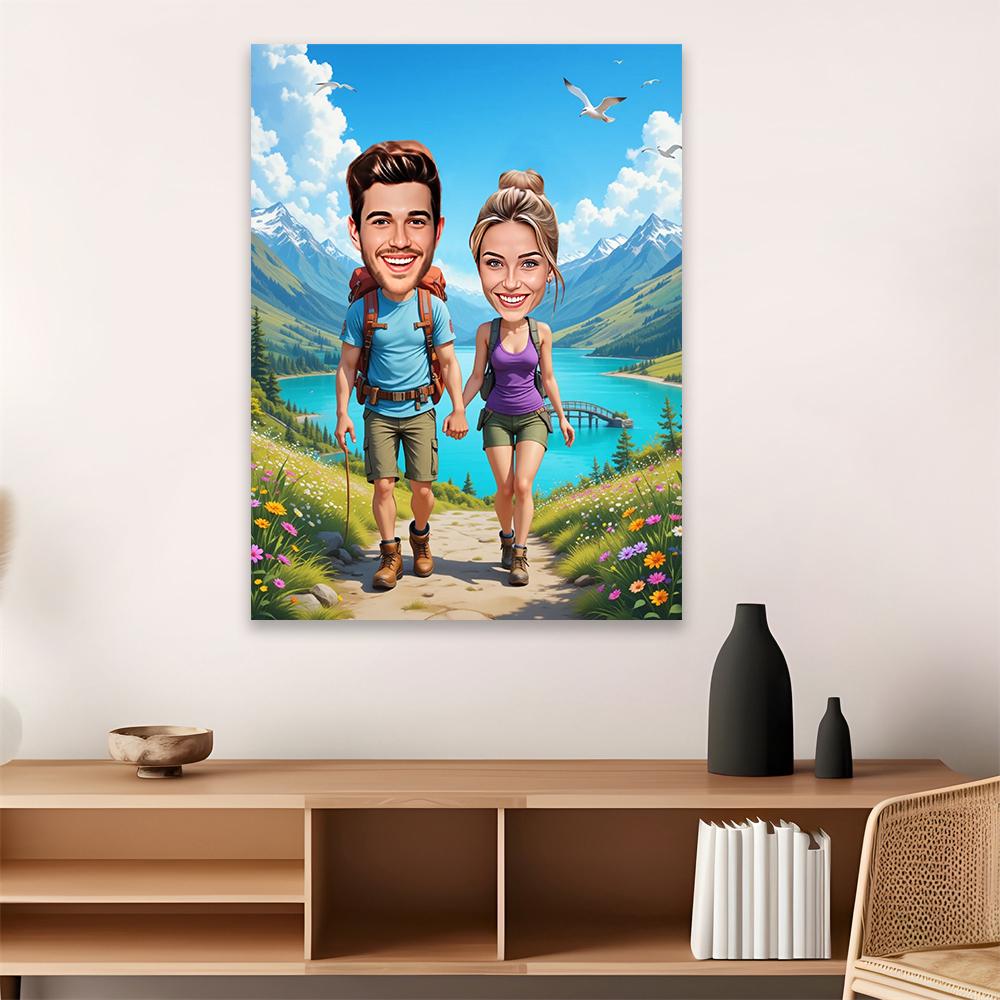 Personalized Couple Hiking Cartoon Poster Hiking Portrait Cartoon Caricature Canvas Painting Lovers Birthday Bedroom Decoration