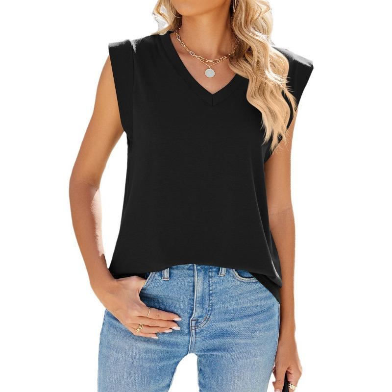 Женская летняя однотонная футболка без рукавов с V-образным вырезом и вращающимся рукавом, свободная майка-топ