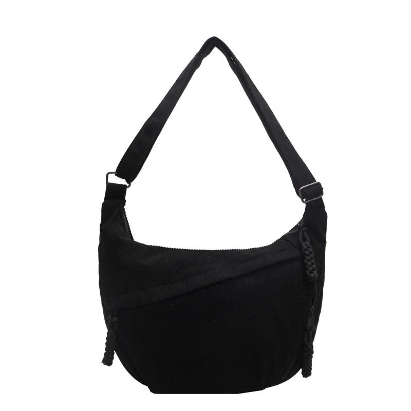 Corduroy Shoulder Bag Solid Women Crossbody Bag with Pockets Crescent Bag Everyday Sling Bags for School Travel Work bolsa